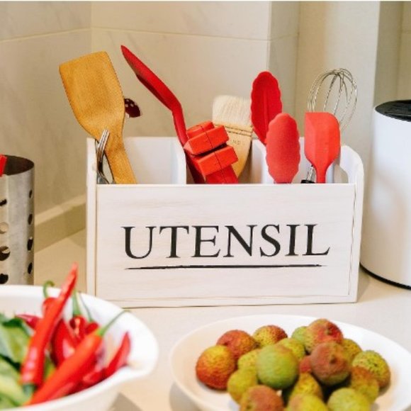 XL Farmhouse White Wooden Kitchen Utensil Holder - Cooking Utensil Organizer - Picture 6 of 16